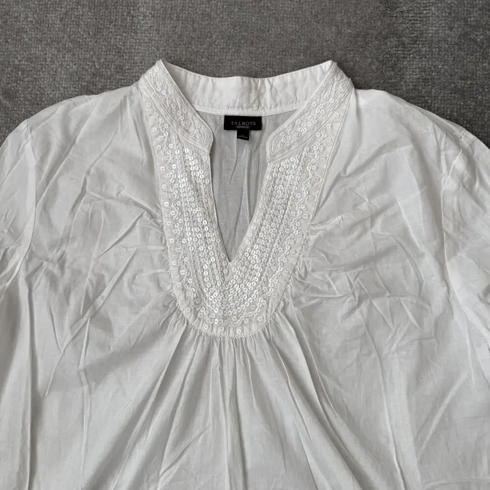 Talbots Blouse Womens Large White Sequin V Neck 3/4 Sleeve Tunic Top Cotton - Picture 2 of 9